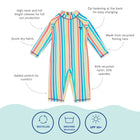 UV Protective Surf Suit Multi Stripe, a colourful striped one-piece swimsuit with long sleeves and sun protection details.